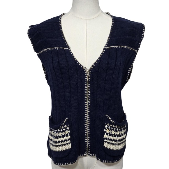 Woolrich Sweater Vest Womens Medium Navy Knit Open Front Pockets Fair Isle Trim - Picture 1 of 9